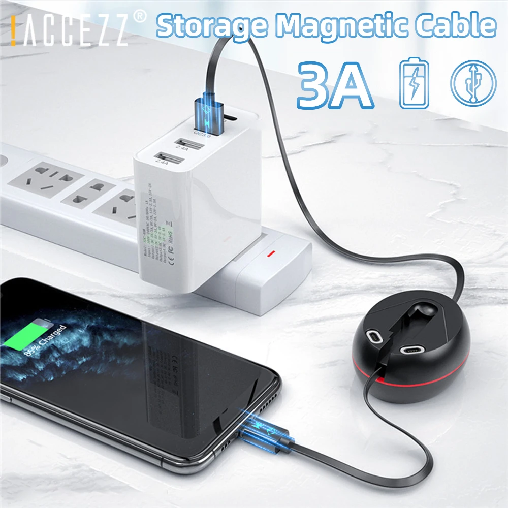 

! Магнитный зарядный кабель ACCEZZ 3 А, Выдвижной Micro-кабель для быстрой зарядки и передачи данных, Тип C, для iPhone 13, 12, Samsung, Xiaomi