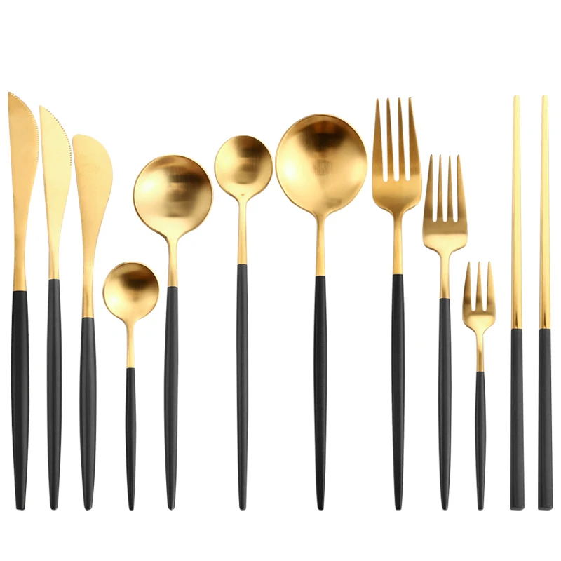 Black Gold Cutlery Set Steak Knife Fork Coffee Spoon Teaspoon Dessert Knife Chopsticks Ice Spoon Stainless Steel Dinnerware Set
Black Gold Cutlery Set Steak Knife Fork Coffee Spoon Teaspoon Dessert Knife Chopsticks Ice Spoon Stainless Steel Dinnerware Set