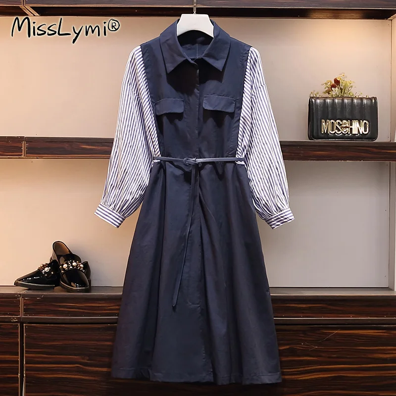 XL-5XL Plus Size Women Elegant Shirt Dress Autumn 2020 Striped Lantern Sleeve Patchwork Loose Casual Cotton Dresses with Belt
XL-5XL Plus Size Women Elegant Shirt Dress Autumn 2020 Striped Lantern Sleeve Patchwork Loose Casual Cotton Dresses with Belt