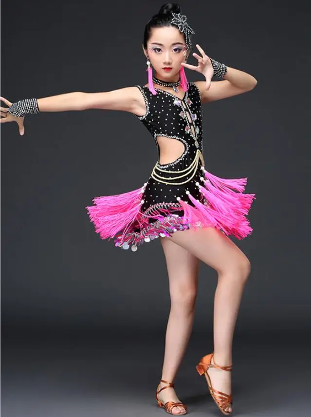 

Fashion Fringed Latin Dance Dress Girls Ballroom Dancewear Cha Cha Rumba Samba Competition Costumes Kids Practice Dance Clothing