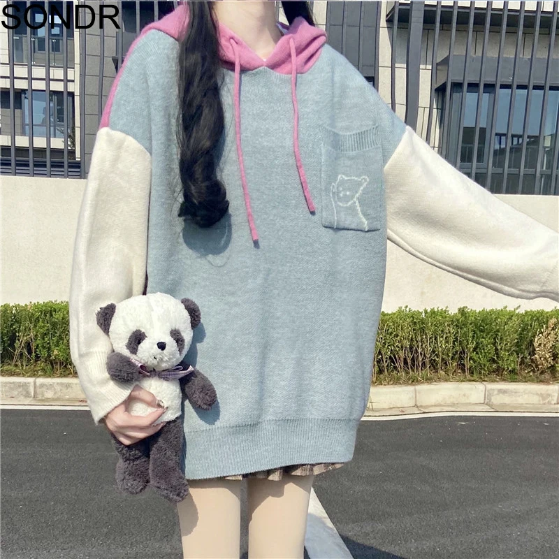 Cute Soft Girl Sweater Women Long Sleeve All-Match Splicing Knitwear Hoodies Autumn Midi Pullover Sweater Female Outer Wear 2020
Cute Soft Girl Sweater Women Long Sleeve All-Match Splicing Knitwear Hoodies Autumn Midi Pullover Sweater Female Outer Wear 2020