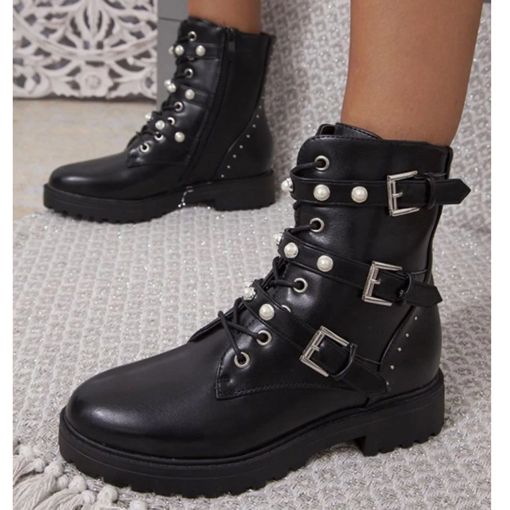 Женские кожаные ботинки с жемчугом, на толстой подошве
Женские кожаные ботинки с жемчугом, на толстой подошве