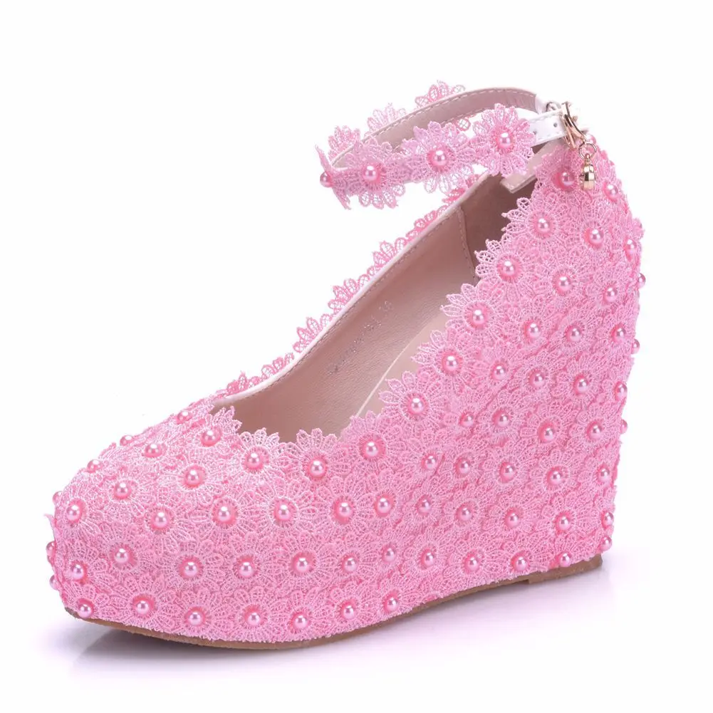 

Classic Pink Flower Wedding Shoes Multicolour Lace Pearl High Heels Sweet Bride Dress Shoes Beading Wedges Women Pumps Large