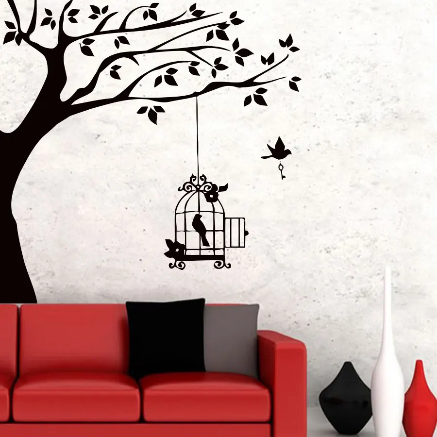 

Птица с ключом и клеткой висит в ветка дерева Наклейка на стену наклейки виниловые настенные художественные фрески гостиная съемный домашн...