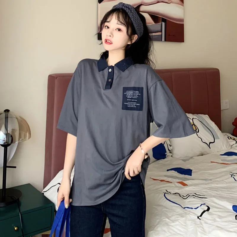 Women Short Sleeve Turn Down Tops 2021 Summer Office Lady Tee Letter Print Regular Loose Tees Female Fashion Clothes
Women Short Sleeve Turn Down Tops 2021 Summer Office Lady Tee Letter Print Regular Loose Tees Female Fashion Clothes