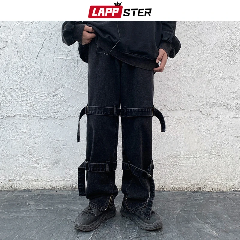 

Джинсы LAPPSTER мужские мешковатые, однотонные брюки из денима в стиле пэчворк, повседневные штаны с широкими штанинами, уличная одежда, Y2k, черн...