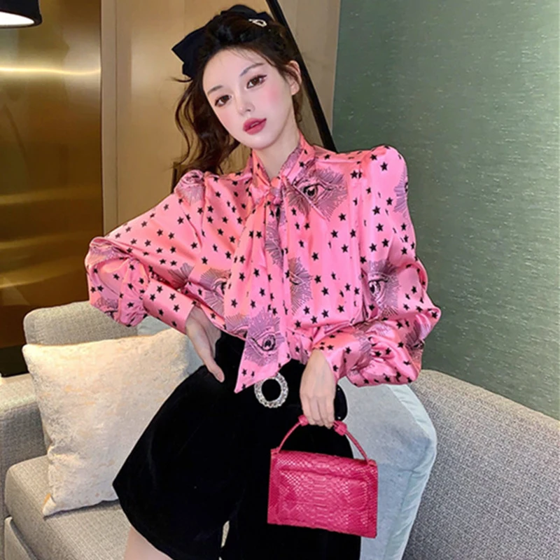 TWOTWINSTYLE Printed Chiffon Shirt For Women Bow Collar Lantern Sleeve Lace Up Casual Elegant Blouse Female Fashion New Stylish | Женская