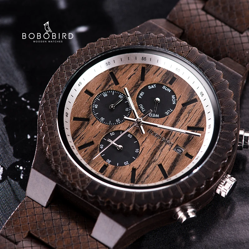 Часы мужские BOBO BIRD с отображением даты деревянные часы особым узором деревянный