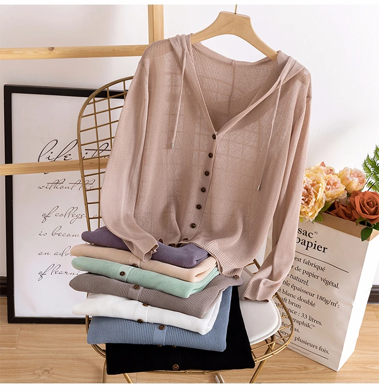 Hooded long sleeve knitted cardigan women 2020 spring and summer white Ice silk sweater V-neck thin tops sun protection clothing
Hooded long sleeve knitted cardigan women 2020 spring and summer white Ice silk sweater V-neck thin tops sun protection clothing