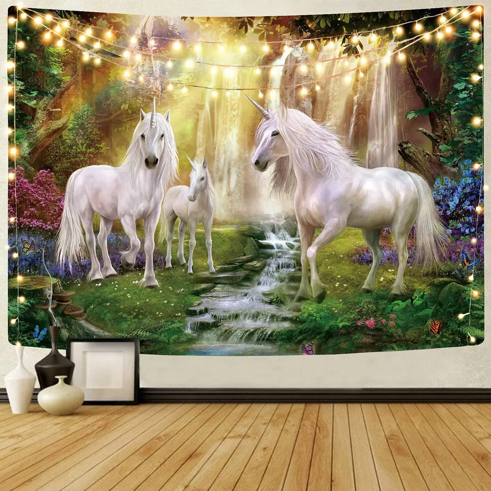 

Fairy Tale World Tapestry Unicorn Wall Hanging Magical Forest Fantasy Animals Rainbow Waterfall Natural Scenery Bedroom Decor