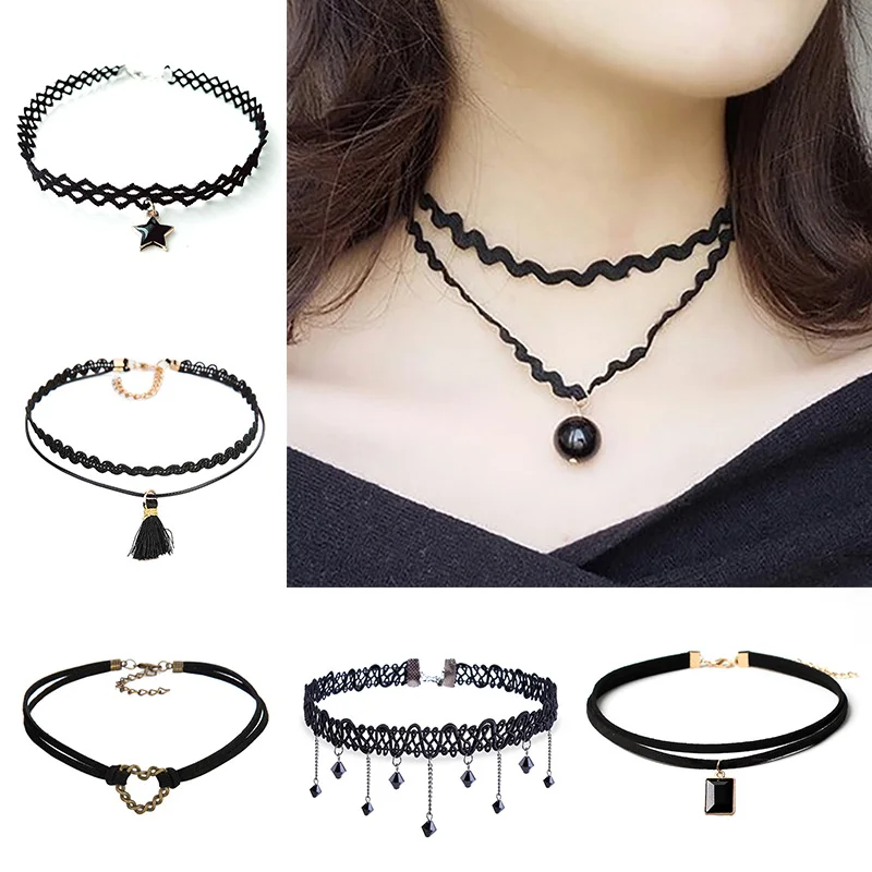 Fashion Gothic Clavicle Chain Lace Choker Necklaces Girls Cool Black Crystal Pendant Chokers Vintage Jewelry Gifts
Fashion Gothic Clavicle Chain Lace Choker Necklaces Girls Cool Black Crystal Pendant Chokers Vintage Jewelry Gifts
