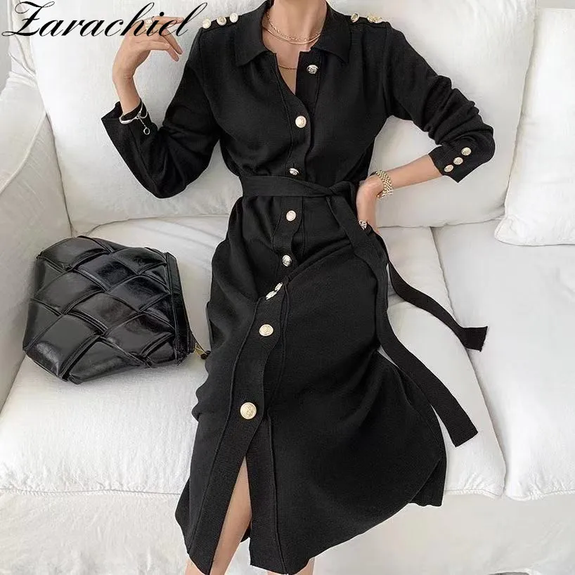 Женский трикотажный кардиган-свитер, однобортное длинное вязаное платье с длинным рукавом и отложным воротником, Осень-зима 
Женский трикотажный кардиган-свитер, однобортное длинное вязаное платье с длинным рукавом и отложным воротником, Осень-зима