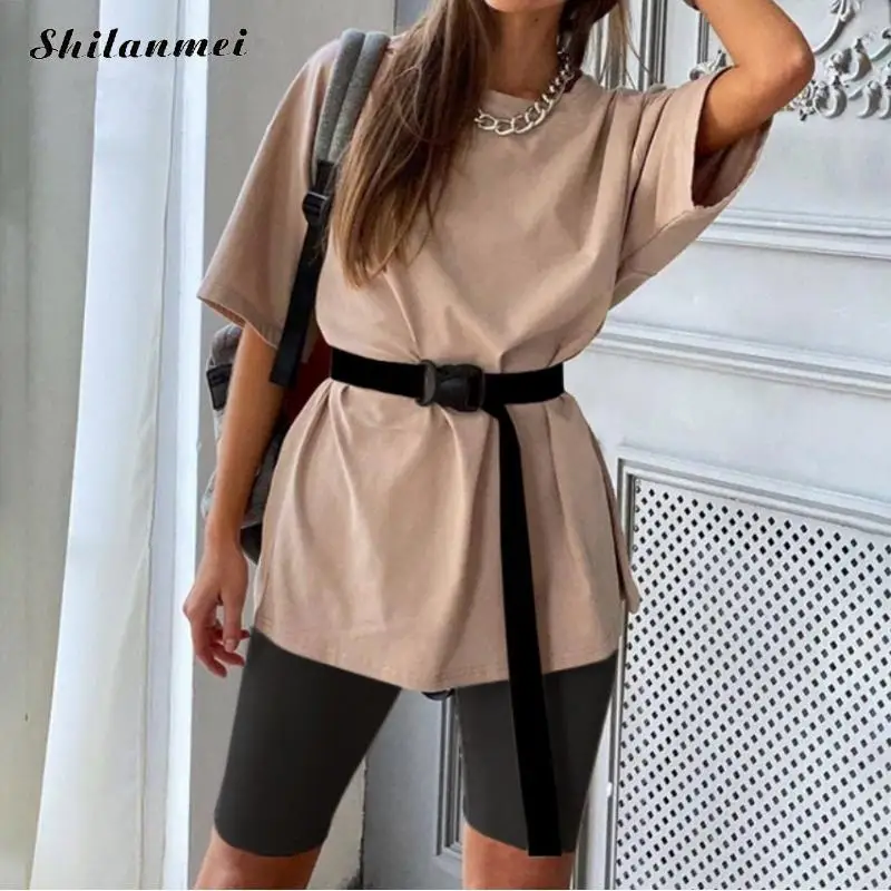 2020 Women Casual Two Piece Set With Belt Solid Color Loose Tshirt Top And Biker Shorts Suit Sport Fashion Leisure Suit Outfit
2020 Women Casual Two Piece Set With Belt Solid Color Loose Tshirt Top And Biker Shorts Suit Sport Fashion Leisure Suit Outfit
