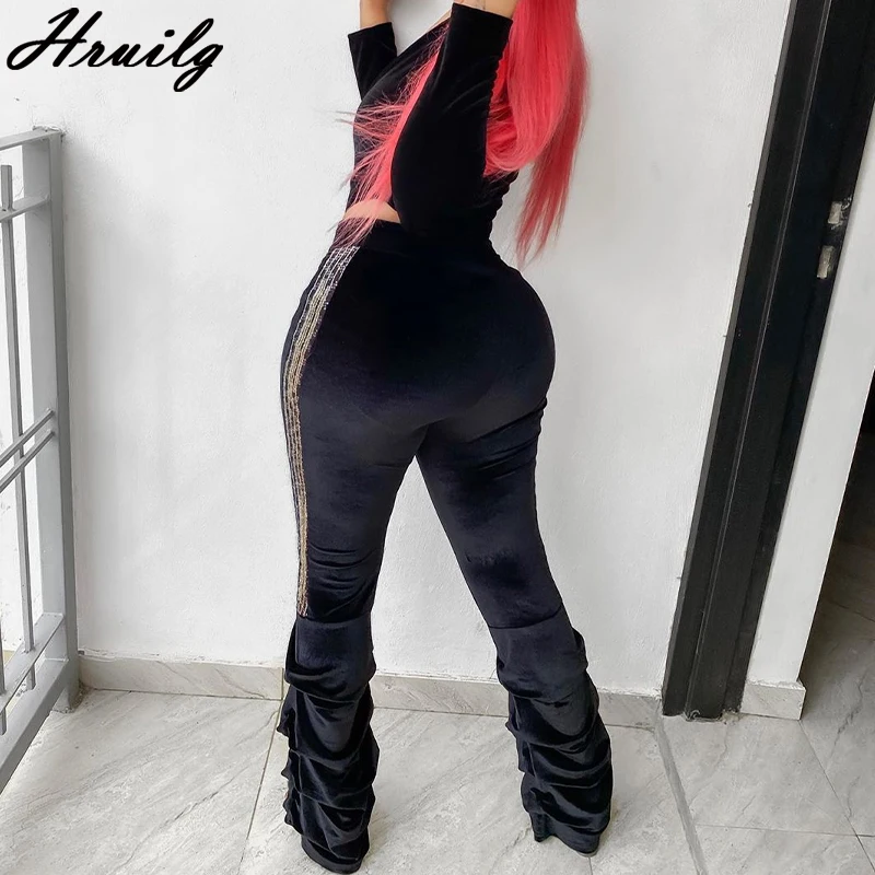 Sexy 2 Piece Set Women Solid Velvet Fashion Hollow Out Long Sleeve Bodysuit Tops Stacked Pants Sets Outfits Lady Club Conjunto 
Sexy 2 Piece Set Women Solid Velvet Fashion Hollow Out Long Sleeve Bodysuit Tops Stacked Pants Sets Outfits Lady Club Conjunto
