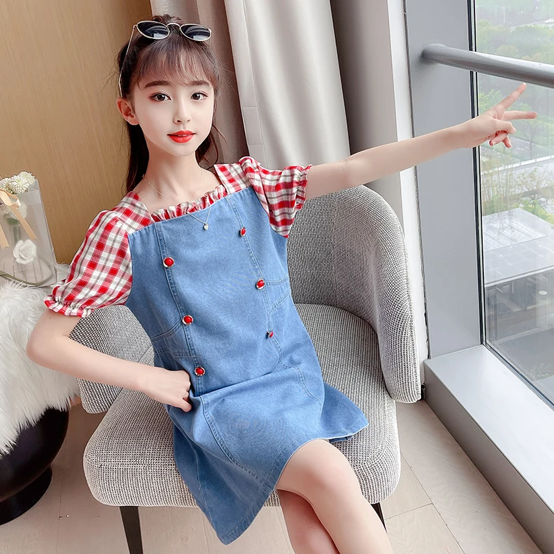 Kids Clothes Dress 2021 Summer New Short sleeve Sleeve Dress Cotton Children's Princess Dress Denim Plaid Skirt 4 7 9 11 Year 
Kids Clothes Dress 2021 Summer New Short sleeve Sleeve Dress Cotton Children's Princess Dress Denim Plaid Skirt 4 7 9 11 Year