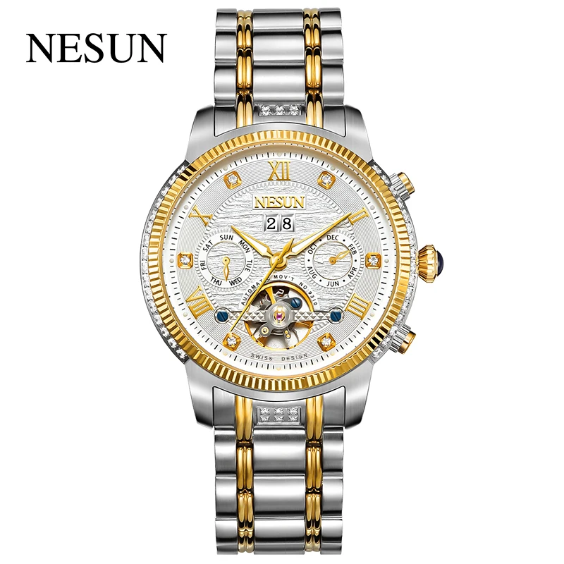 

2020 New Switzerland NESUN Official Men Business Automatic Wristwatches Stainless Steel Mechanical Male Gold Gift Clock 9310