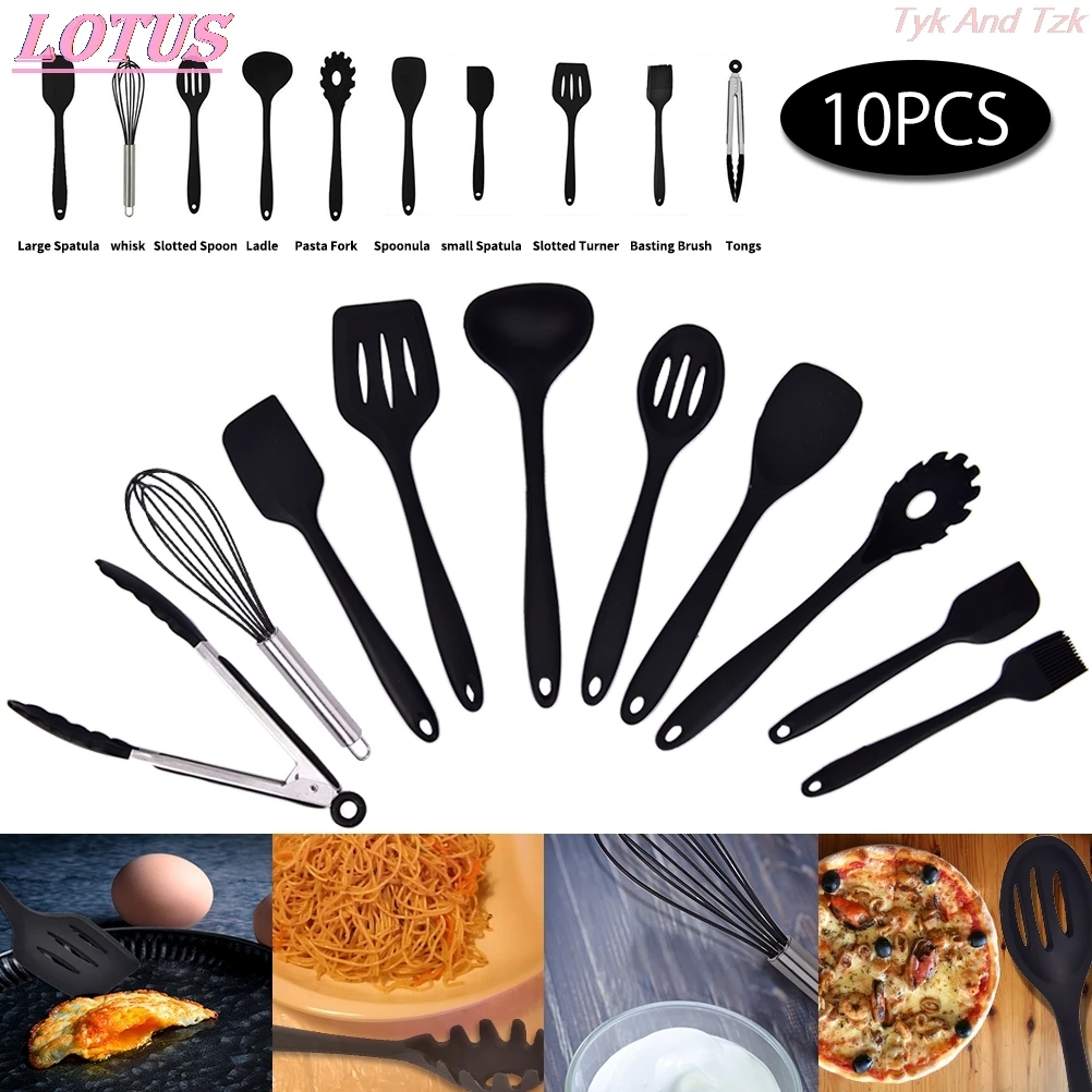Черный силиконовый кухонный набор из 10 антипригарных предметов, лопатка для кухни, посуда
Черный силиконовый кухонный набор из 10 антипригарных предметов, лопатка для кухни, посуда