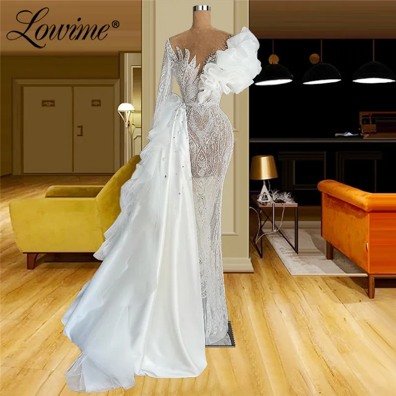 

Lowime Ivory Evening Dresses Luxury 2021 Dubai Beading Pearls Mermaid Women Party Wear Gowns Long Sleeve Dubai Arabic Prom Dress