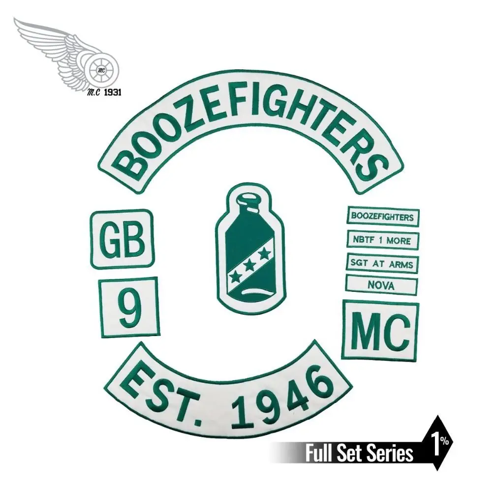 Boozefighters EST. 1946 патчи MC Nova Вышивка утюгом на белой саржевой ткани полный комплект