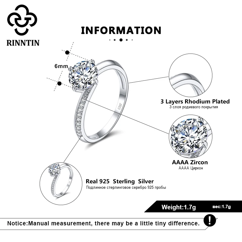 Rinntin Pure 925 Sterling Silver Solitaire Ring Women with AAAA Zircon Eternity Ring Wedding Engagement Jewelry Gift TSR152
Rinntin Pure 925 Sterling Silver Solitaire Ring Women with AAAA Zircon Eternity Ring Wedding Engagement Jewelry Gift TSR152