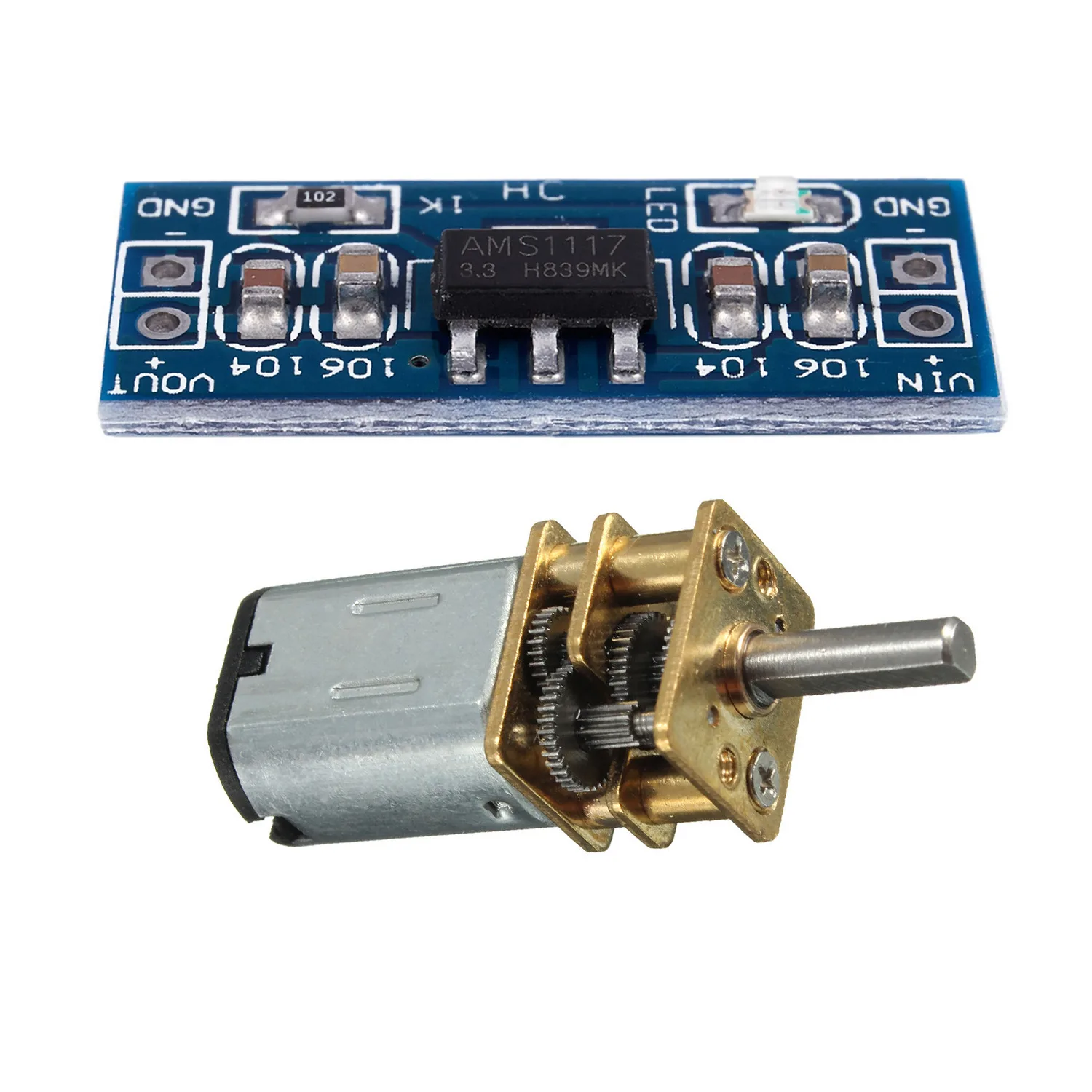 2 Pcs Accessories: 1 Pcs Model N20 DC 6V 30RPM Metal Gear Motor With Gearwheel & 1 Pcs AMS1117-3.3 DC Step-Down Voltage Regulato
2 Pcs Accessories: 1 Pcs Model N20 DC 6V 30RPM Metal Gear Motor With Gearwheel & 1 Pcs AMS1117-3.3 DC Step-Down Voltage Regulato