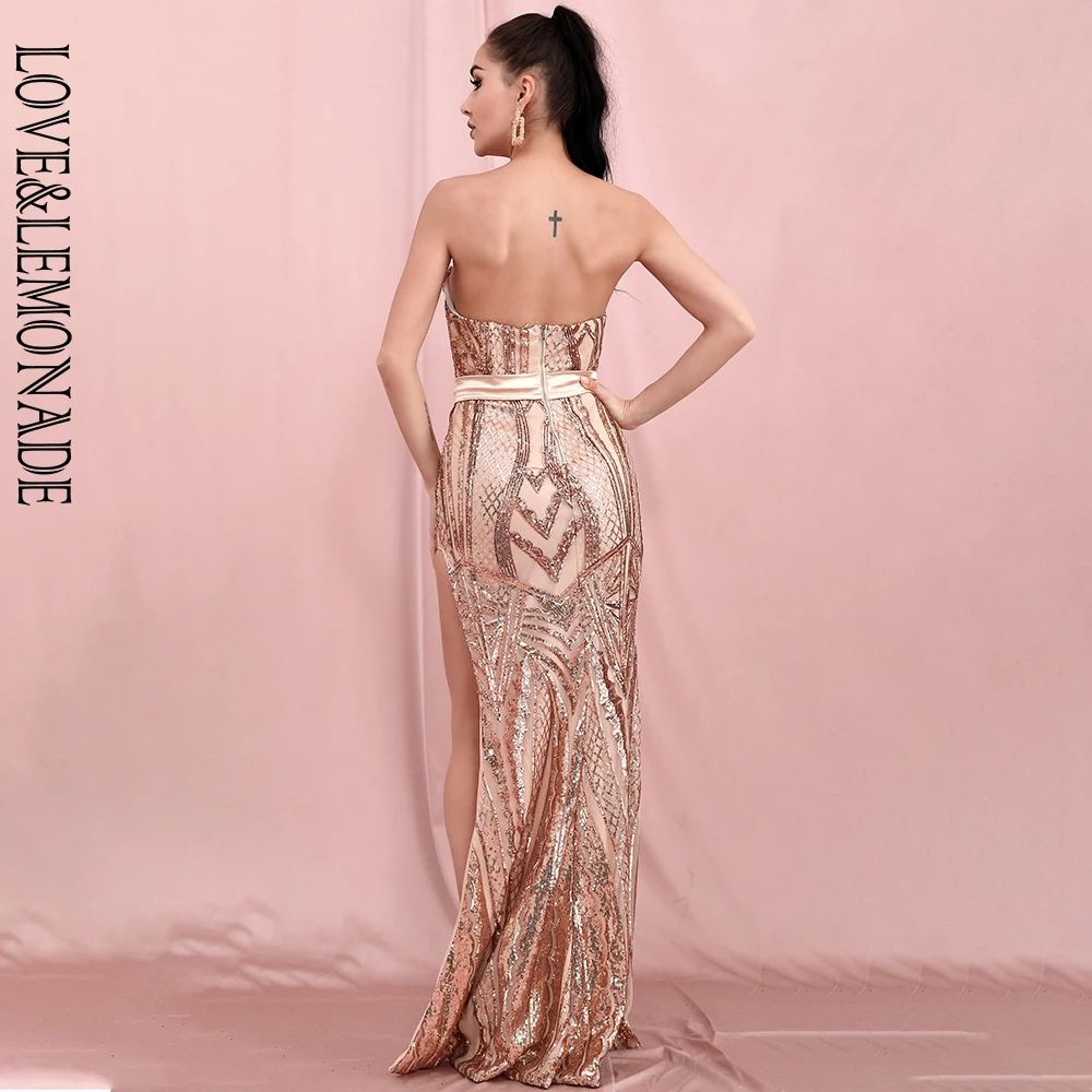 LOVE&LEMONADE Sexy Tube Top Gold Geometric Sequins Whit Split Party Maxi Dress LM82485
LOVE&LEMONADE Sexy Tube Top Gold Geometric Sequins Whit Split Party Maxi Dress LM82485