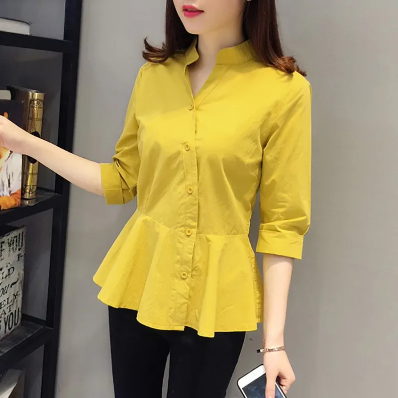 Autumn New Women Stand Collar Half Sleeve Blouse 2019 New Irregular Button Decoration Elegant Lady Blouses White Yellow Shirts
Autumn New Women Stand Collar Half Sleeve Blouse 2019 New Irregular Button Decoration Elegant Lady Blouses White Yellow Shirts