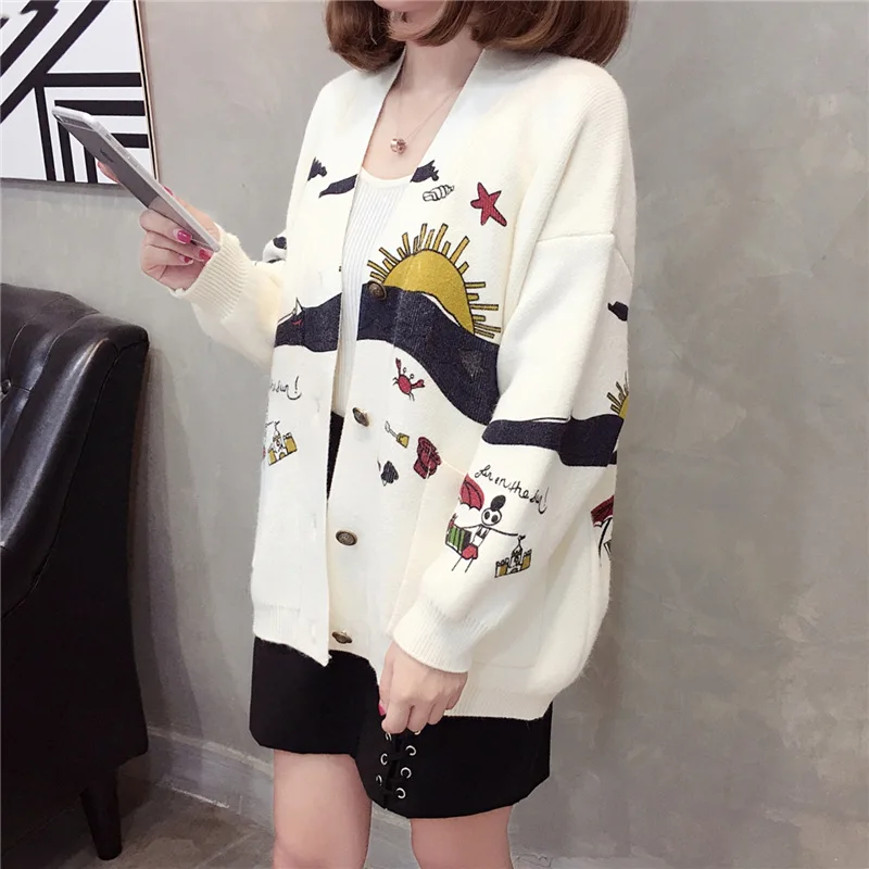 Autumn and winter new women's knitted cardigan Korean sweater female loose and wild cartoon printed jacket coat tide
Autumn and winter new women's knitted cardigan Korean sweater female loose and wild cartoon printed jacket coat tide
