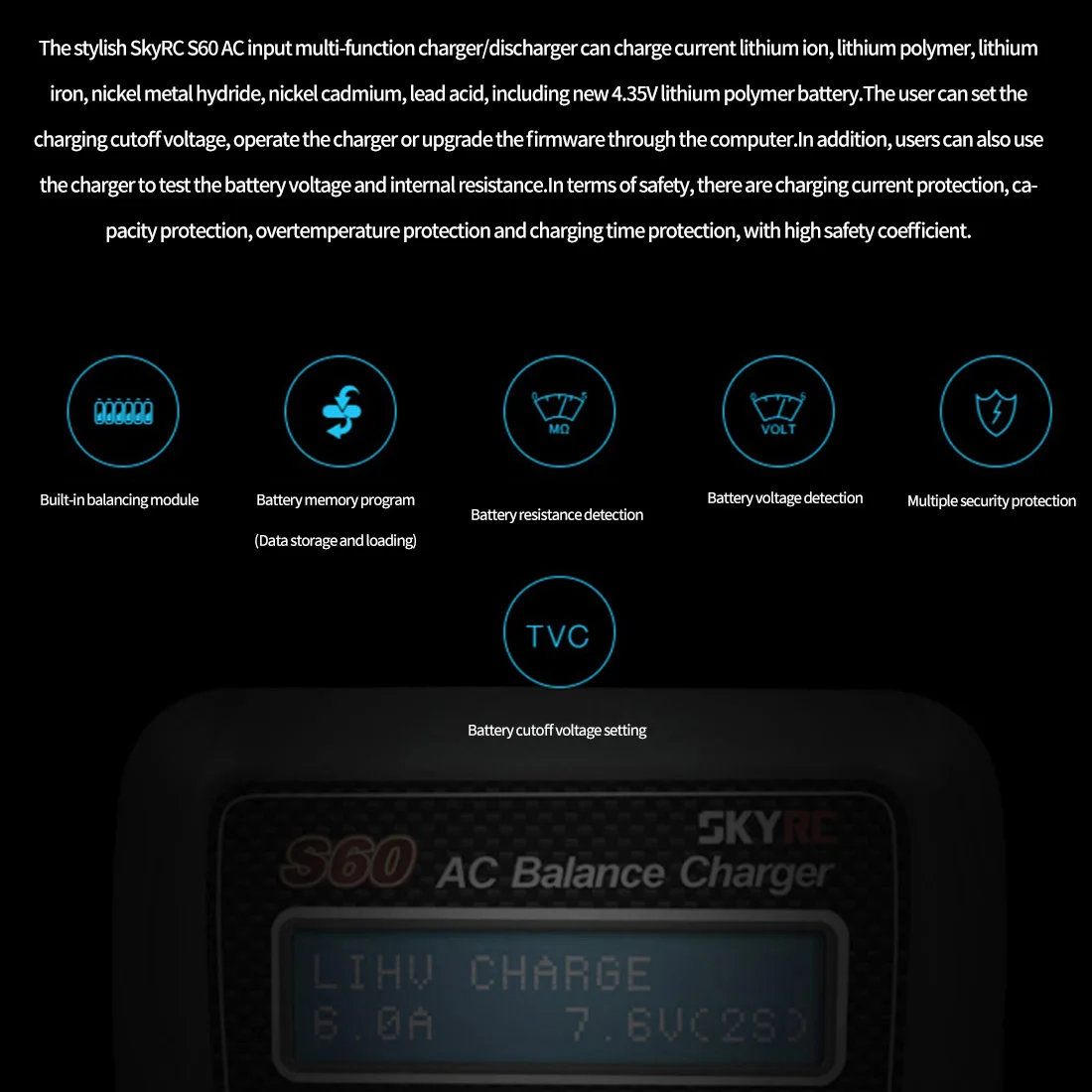 SKYRC S60 60W 100-240V AC Balance Charger/Discharger for 2-4S Lithium LiPo LiHV LiFe Lilon NiCd NiMh PB RC Drone Car Battery
SKYRC S60 60W 100-240V AC Balance Charger/Discharger for 2-4S Lithium LiPo LiHV LiFe Lilon NiCd NiMh PB RC Drone Car Battery