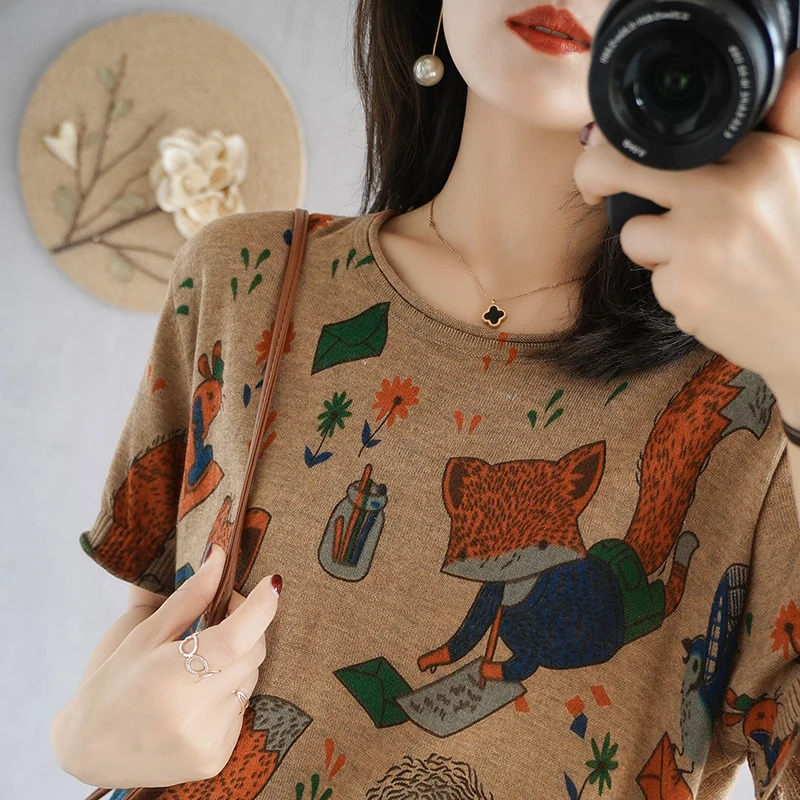 2021 summer cotton knitted round neck short sleeve top women's T-shirt loose printing half sleeve foreign style sweater YUHANRON
2021 summer cotton knitted round neck short sleeve top women's T-shirt loose printing half sleeve foreign style sweater YUHANRON