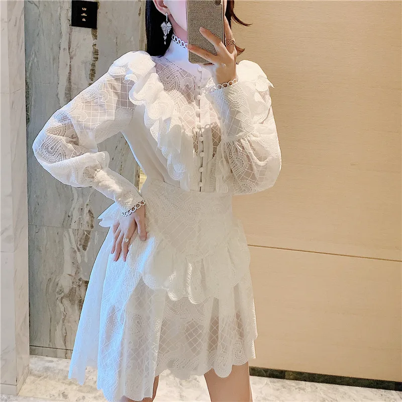 Женское Прозрачное платье-трапеция, белое кружевное платье с оборками, M522, вечернее платье с длинным рукавом 
Женское Прозрачное платье-трапеция, белое кружевное платье с оборками, M522, вечернее платье с длинным рукавом