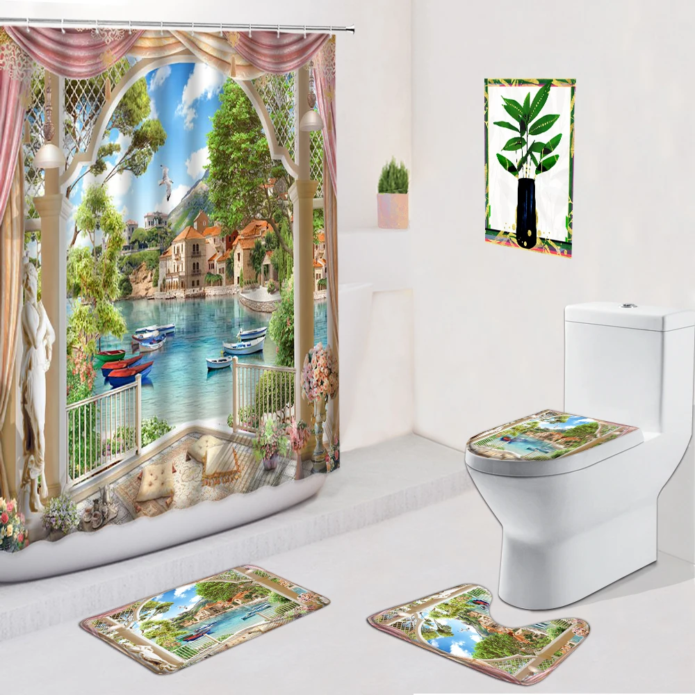 Scenery Shower Curtain 4-Piece Set Ocean Waterfall Palm Tree Pattern Flannel Anti-Slip Bath Mat Toilet Carpet Floor Rug Washable
Scenery Shower Curtain 4-Piece Set Ocean Waterfall Palm Tree Pattern Flannel Anti-Slip Bath Mat Toilet Carpet Floor Rug Washable