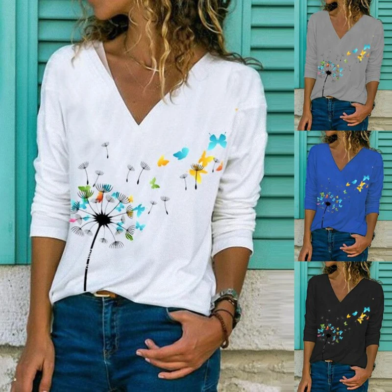 Elegant V Neck Long Sleeve T-Shirt Woman Dandelion Print Casual Shirts Fashion New Style Streetwear Women Tops Pullover
Elegant V Neck Long Sleeve T-Shirt Woman Dandelion Print Casual Shirts Fashion New Style Streetwear Women Tops Pullover