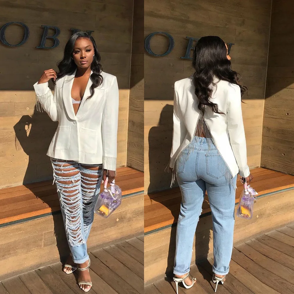 European and American suit women's open back tassel casual fashion stitching jacket
European and American suit women's open back tassel casual fashion stitching jacket