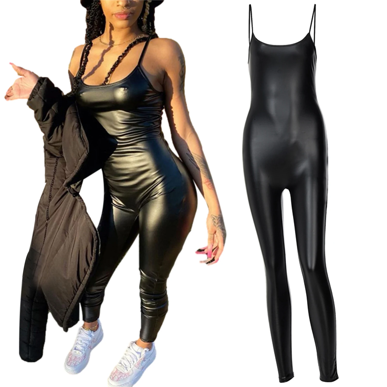 Women Close-fitting Jumpsuit, Black Solid Color U-shaped Collar Sleeveless O ne-piece PU leather suspender pants
Women Close-fitting Jumpsuit, Black Solid Color U-shaped Collar Sleeveless O ne-piece PU leather suspender pants