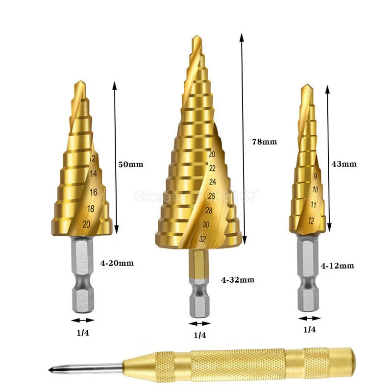 

Hss Cone Step Drill Bit Set Titanium Coated Core Hex Shank Twist Straight/spiral Groove Hole Cutter For Wood Metal Taper Metric