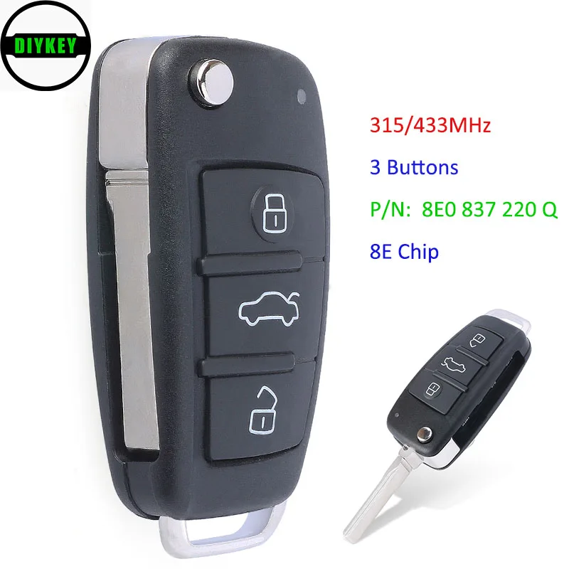 DIYKEY складной дистанционный ключ с 3 кнопками 315 МГц/433 МГц 8E чип для Audi A6L 2006 2007 2008