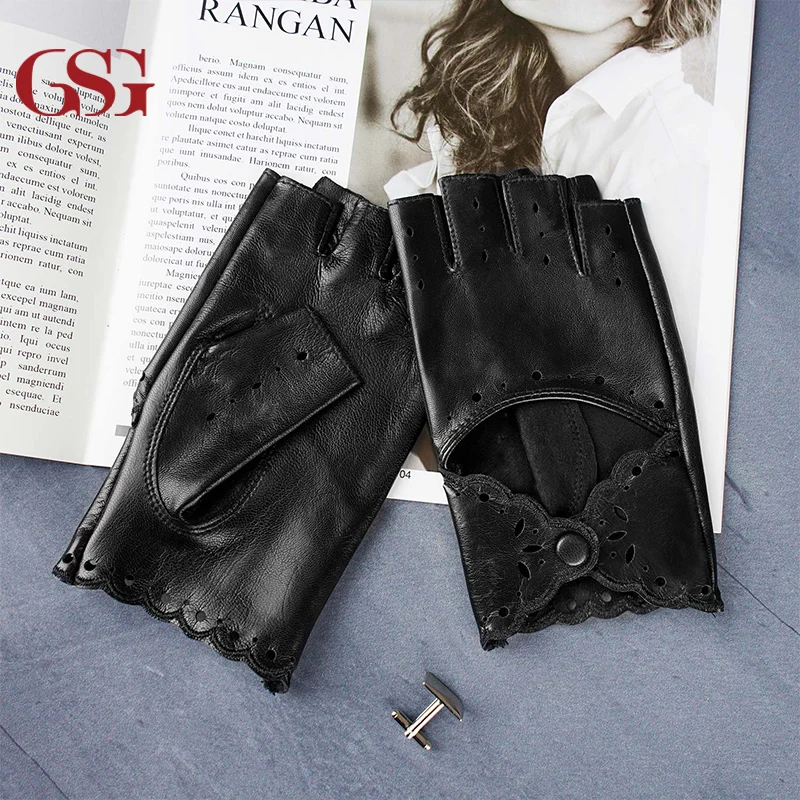 GSG женские кожаные перчатки без пальцев для вождения подкладки черные|leather driving
