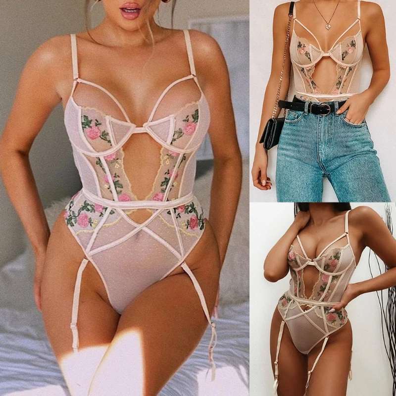Women Sexy Sheer Mesh Lingerie Bodysuit with Garter Belt Embroidery Floral Hollow Front One-Piece Underwear Nightwear
Women Sexy Sheer Mesh Lingerie Bodysuit with Garter Belt Embroidery Floral Hollow Front One-Piece Underwear Nightwear