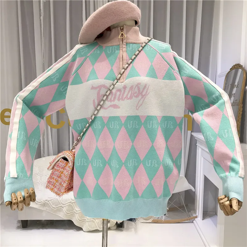 Knitwear Turtleneck Women Argyle Zipper Sweater and Pullovers 2019 Autumn Winter Warm Knitted for | Женская