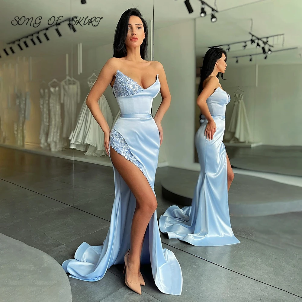 Women Evening Dresses Sky Blue High Split Bling Sequins Satin Stitching Celebration Birthday Party Gown Robe De Soirée Femme
Women Evening Dresses Sky Blue High Split Bling Sequins Satin Stitching Celebration Birthday Party Gown Robe De Soirée Femme