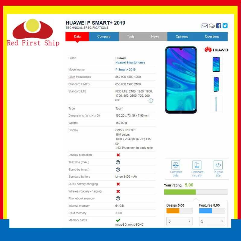 10 шт./лот сенсорный экран для huawei P Smart Plus 2019 Сенсорная панель передняя внешняя