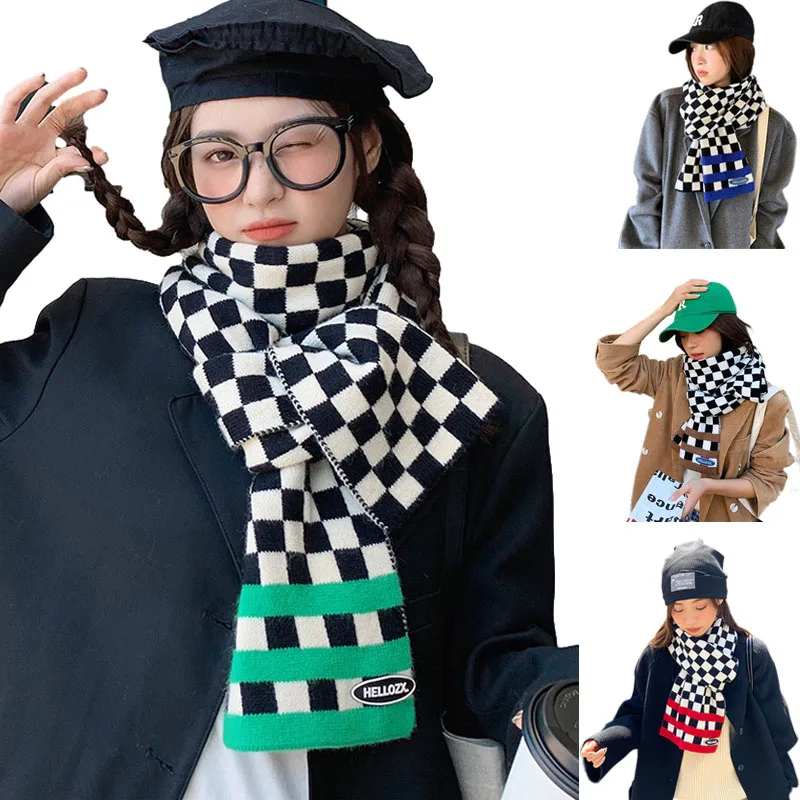 

Women Checkered Scarf Black White Autumn Winter Scarves Knitted Check Neck Warmer Long Thick Warm All-match Neckerchief Shawl