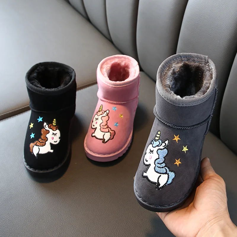 Детские зимние ботинки с единорогом, Нескользящие меховые ботинки для девочек, теплая зимняя обувь для малышей