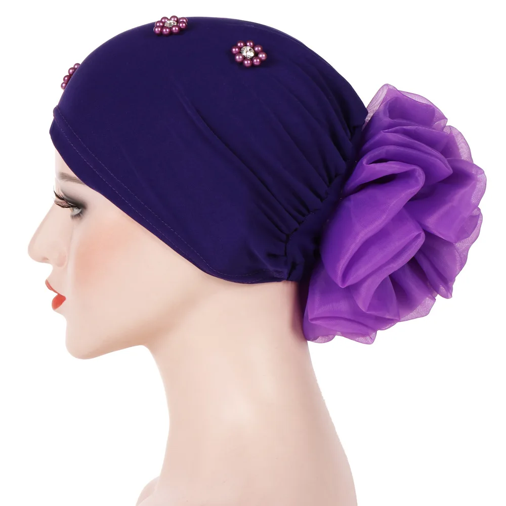 New style flower cap with super large back flower scarf cap solid color nail bead headgear
New style flower cap with super large back flower scarf cap solid color nail bead headgear