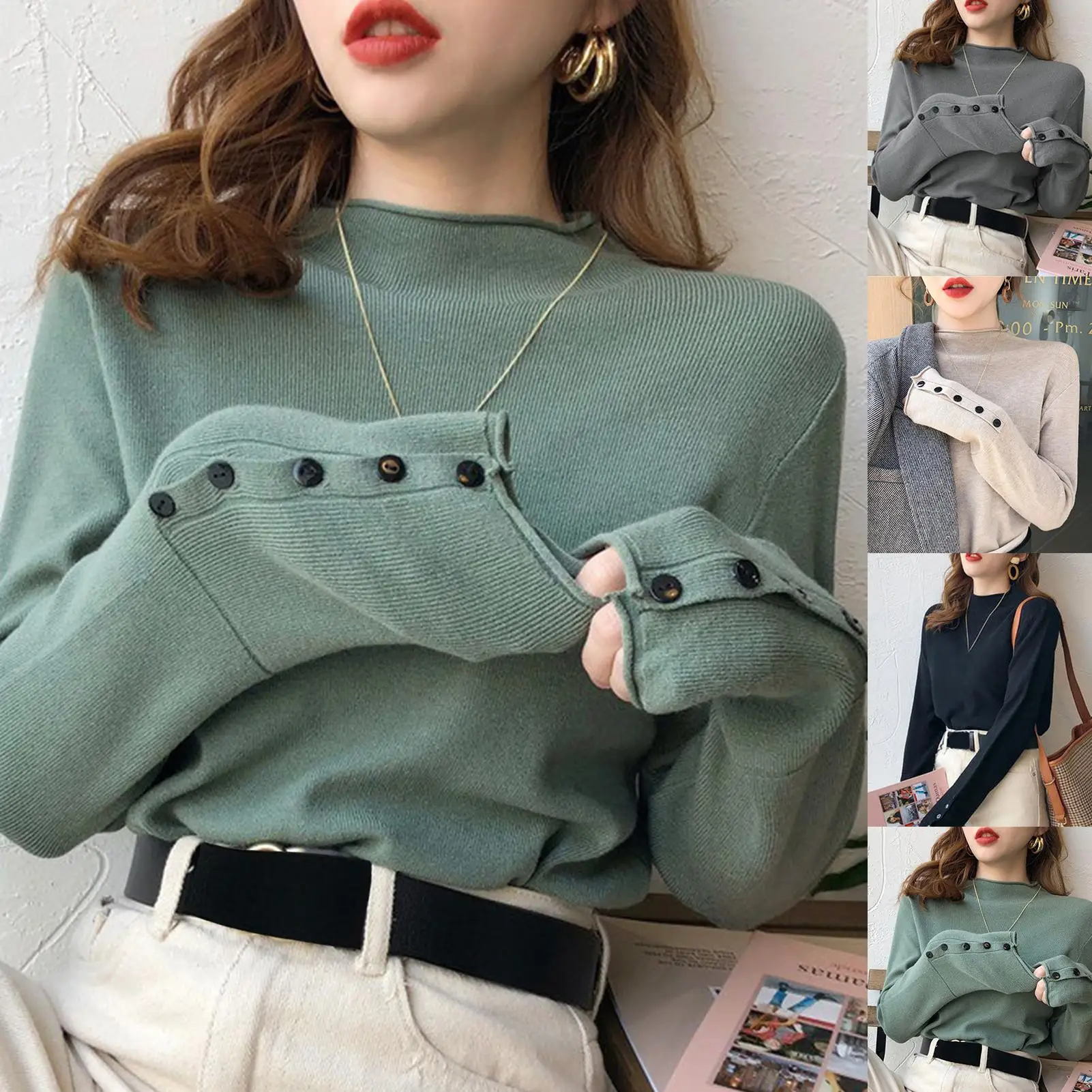 Women Blouse Autumn Solid Color Long Sleeve Mock Neck Elegant Back Metal Buttons Slim Blouse Knitwear Solid Lady Top for office
Women Blouse Autumn Solid Color Long Sleeve Mock Neck Elegant Back Metal Buttons Slim Blouse Knitwear Solid Lady Top for office
