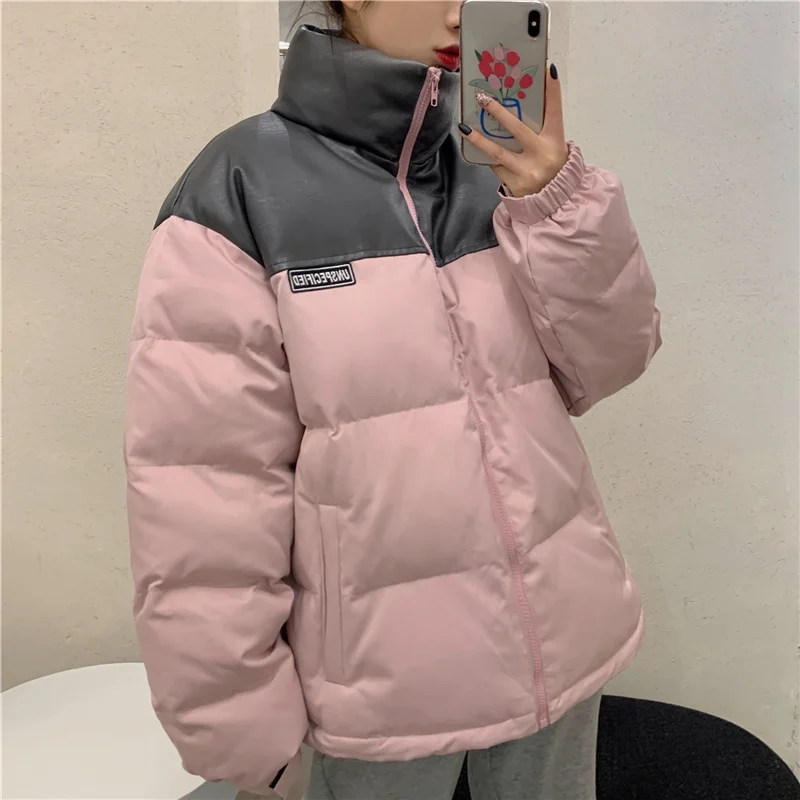 

Женское хлопковое пальто, розовое Свободное пальто из искусственной кожи, в Корейском стиле, для студентов, для зимы, 2021