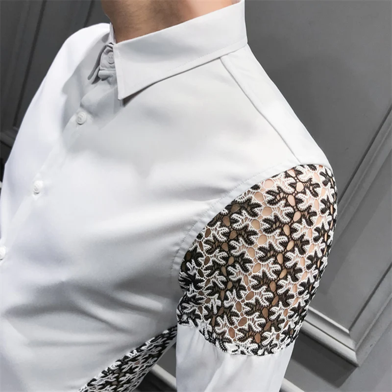 Fashion Lace Patchwork Wrinkle Free Shirts For Men Black White Long Sleeve Stretch Shirt Men Casual Luxury Mens Streetwear V322
Fashion Lace Patchwork Wrinkle Free Shirts For Men Black White Long Sleeve Stretch Shirt Men Casual Luxury Mens Streetwear V322