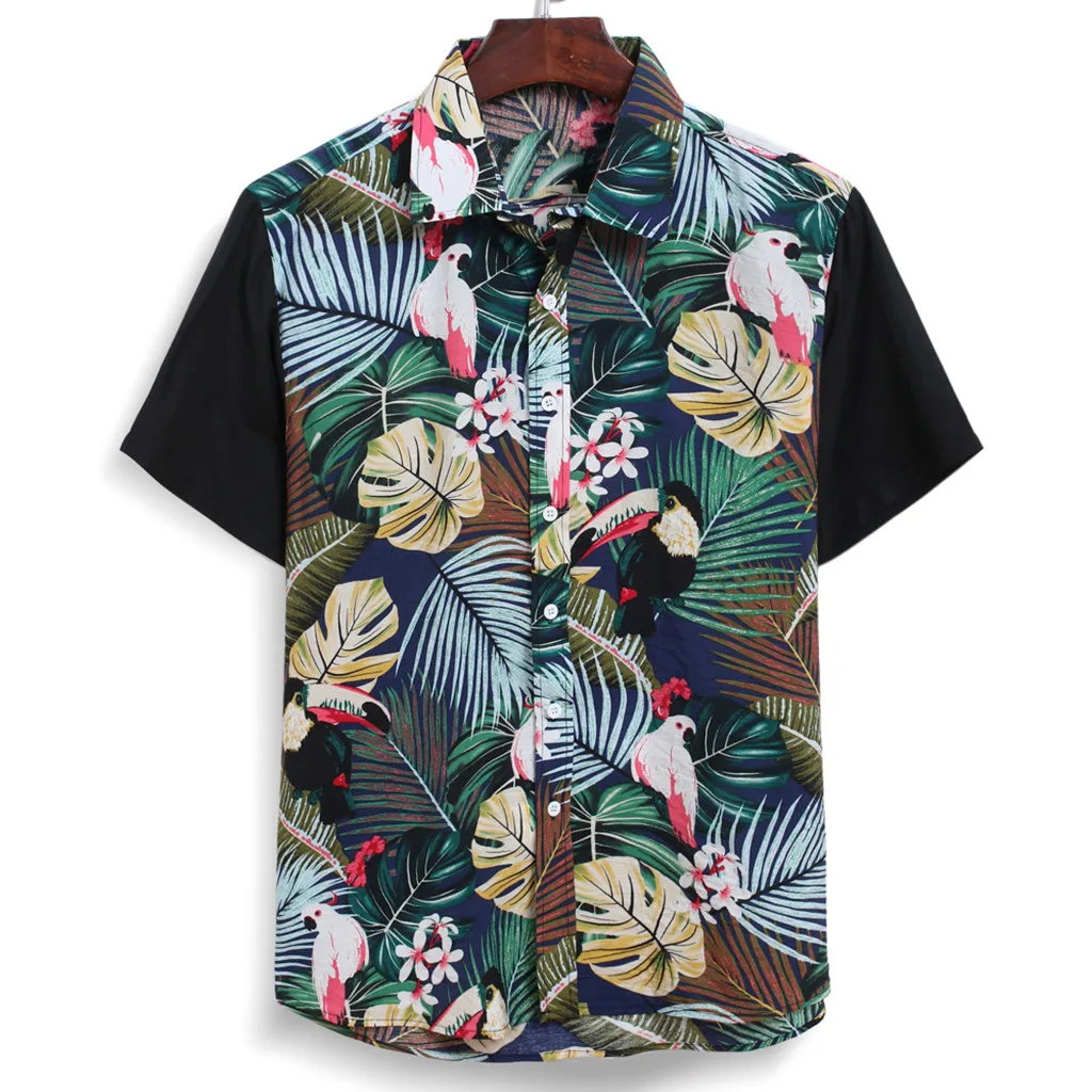 Фото Мужская пляжная рубашка из натурального хлопка свободная гавайская с коротким