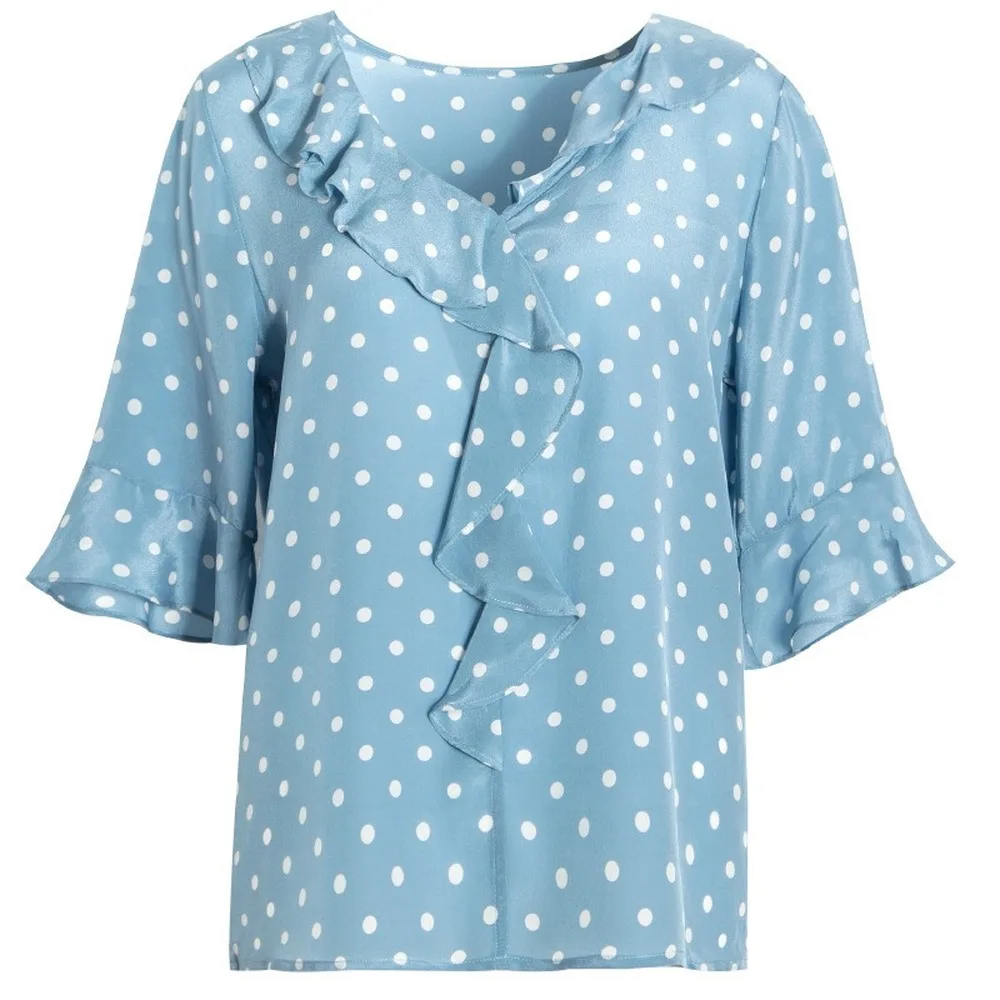 V-neck Lotus Leaf Sleeve Polka Dot Printed Silk Short Sleeve T-shirt Women's Mulberry Silk Straight Tube Versatile Top Summer
V-neck Lotus Leaf Sleeve Polka Dot Printed Silk Short Sleeve T-shirt Women's Mulberry Silk Straight Tube Versatile Top Summer